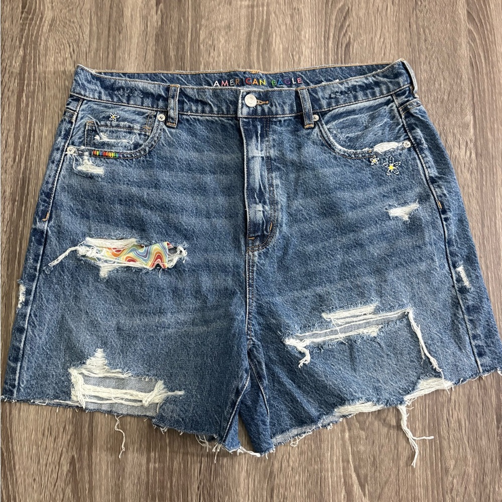 American Eagle Rainbow Pride Love highest rise baggy jean shorts